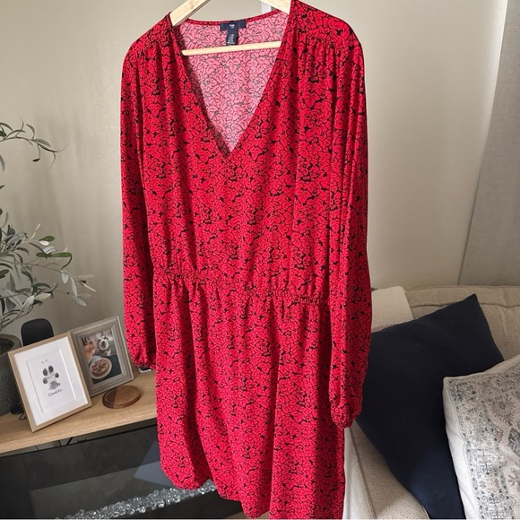 Gap Women’s Dress XXL Red/black Cottage Floral Elastic Waist Puff Sleeve V Neck - Picture 3 of 9